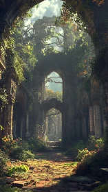 Sunlit ivy ruins where nature gently reclaims stone arches.