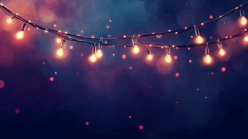 Warm patio string lights against deep blue night sky.