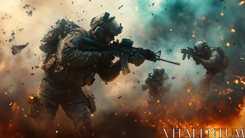 Soldiers advance under fire in a chaotic battlefield scene.