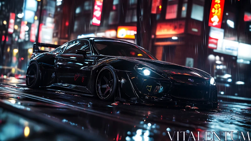 Midnight street racer glows against neon city rain reflections