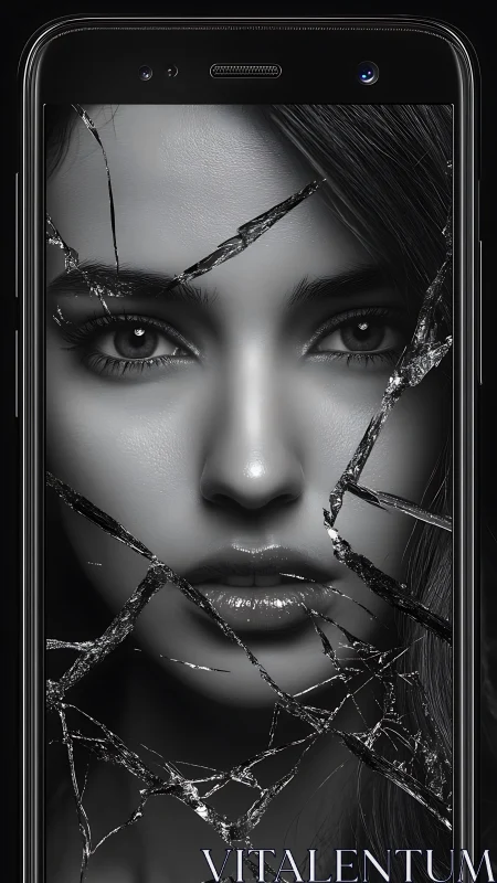 Shattered screen siren gazing through fractured digital glass.