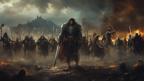 Armored warlord advances through burning battlefield haze