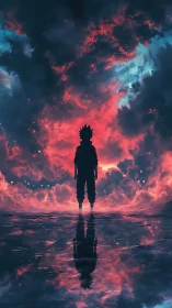 Backlit anime silhouette in turbulent bi-chromatic stormscape.