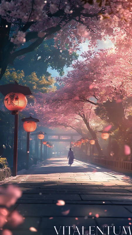 Cherry blossom path glows under soft lantern light at dawn.