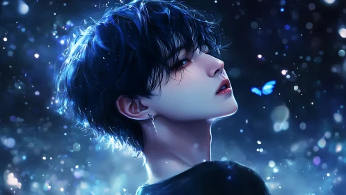 Moonlit boy watches a glowing blue butterfly in dreamlike night