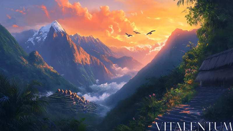 Sunlit mountain valley with terraces and distant peaks.