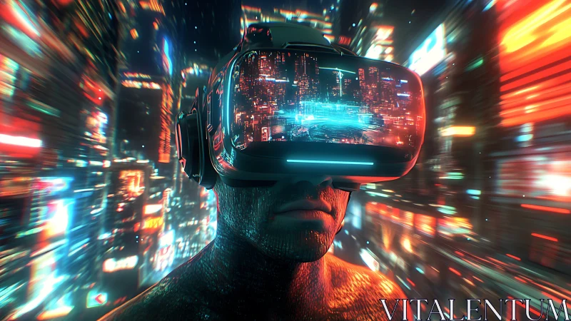 Cybernetic subject in neon VR cityspace with motion parallax.