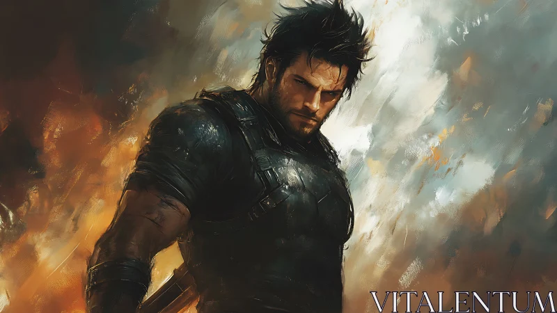 Battle-scarred warrior smolders between storm and flame.