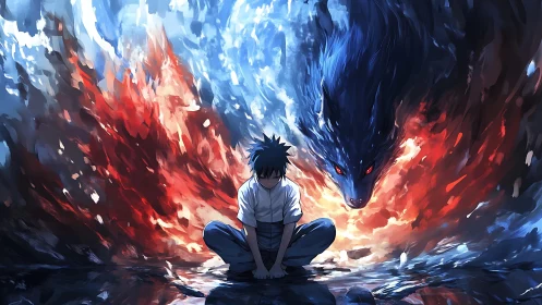 Calm anime hero resting beside a fierce elemental spirit.