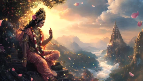 Seated deity figure above river valley and tiered temple at dusk.