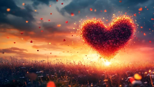 Large luminescent heart form floating above field landscape at sunset