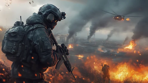 Tactical operator advancing through incendiary urban killzone.