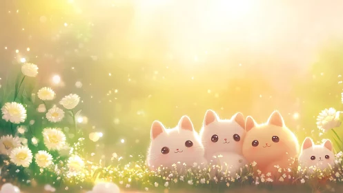 Four Charming Cats in Golden Flower Meadow.