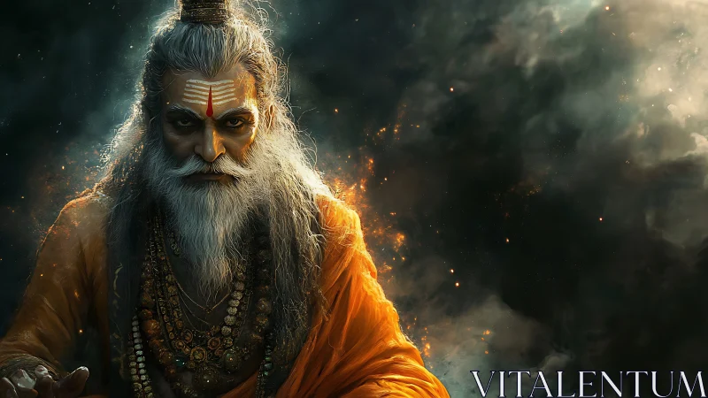 Mystic sage in fiery aura amid swirling cosmic smoke.