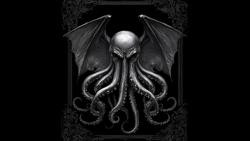 Winged Cthulhu bust with coiling tentacles on black field.