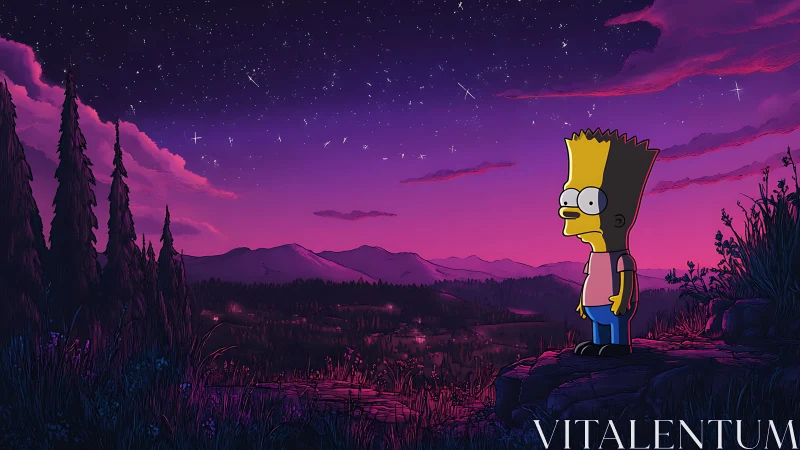 Bart Simpson gazes over a dreamy purple twilight valley.