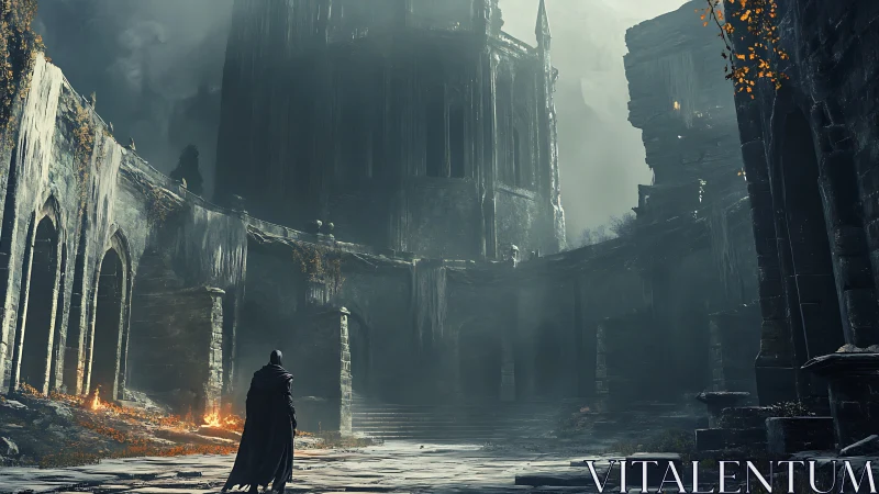 Lone cloaked figure in vast ruined gothic courtyard.