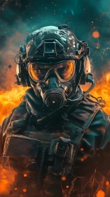 Inferno-hardened operator strides through molten dusk blaze.