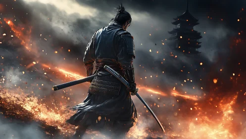 Samurai figure with katana amid fire and distant pagoda.