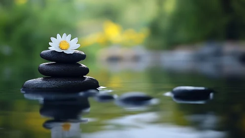 Stacked basalt stones support daisy blossom over reflective water