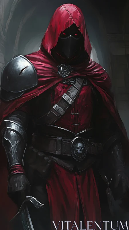 Red hooded assassin in dark medieval armor corridor.