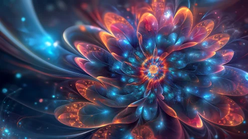 Fractal flower structure with luminous blue and orange petals.