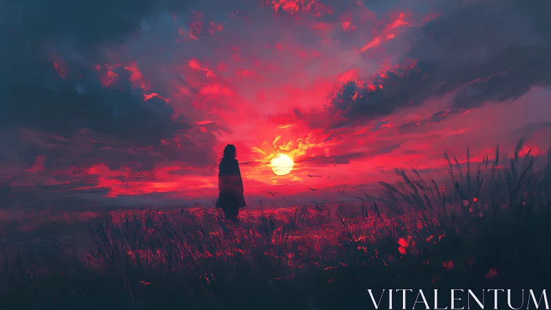 Soft silhouette wandering through a blazing pink sunset field.