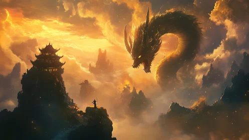 Warrior confronts colossal dragon above flaming cloud peaks