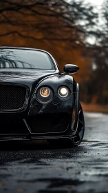Photorealistic front-view luxury coupe in rainy autumn light.