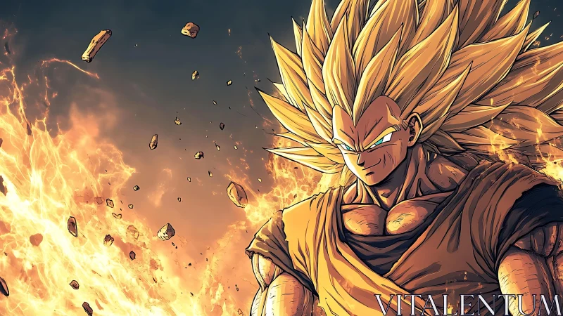 Male warrior with spiked hair amid flames and debris.