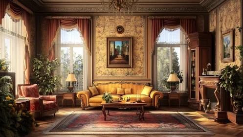 Opulent classic salon with golden sofa and warm daylight glow.