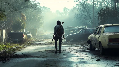 Lone armed figure on deserted vehicle lined suburban road.