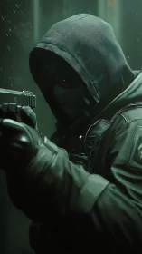 Midnight operative in neon mist, cloaked for silent impact.