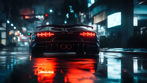 Supercar rear view on wet neon lit city street at night.