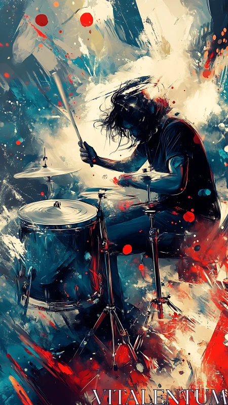 Drummer drives explosive rhythm amid abstract color storm