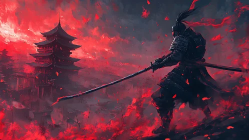 Scarlet embers crown the lone samurai before the burning pagoda
