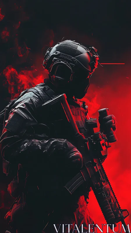 Tactical operator silhouette in red-contrast digital painting.