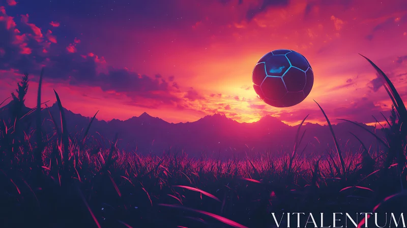 Iridescent levitating soccer sphere over chromatic dusk field.