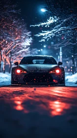 Low sports car in snowy night street with red lights.