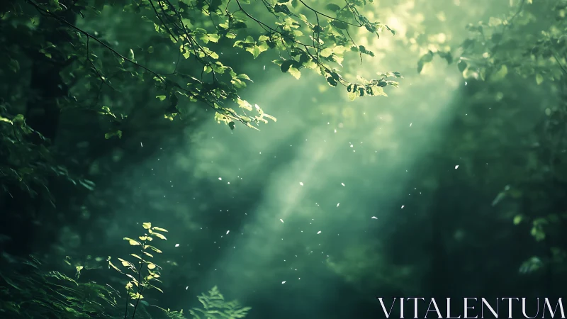 Sunbeams Filtering Through Lush Green Forest Canopy, Dreamy Style.
