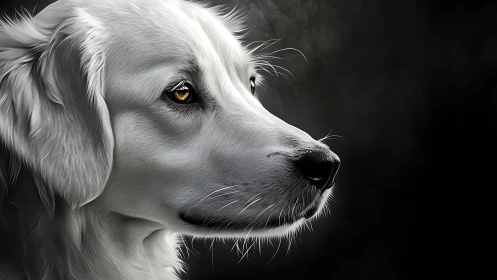 White retriever portrait with luminous amber eye, profile