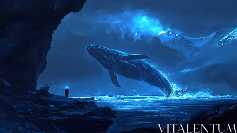 Giant whale breaches under icy mountains in blue twilight