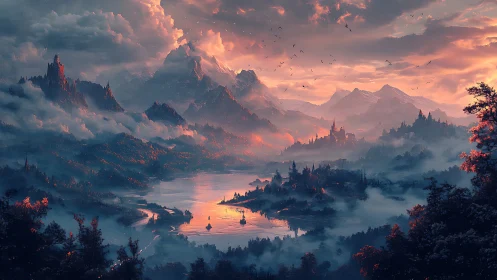 Vast fantasy kingdom surrounds misty lake at dramatic sunrise