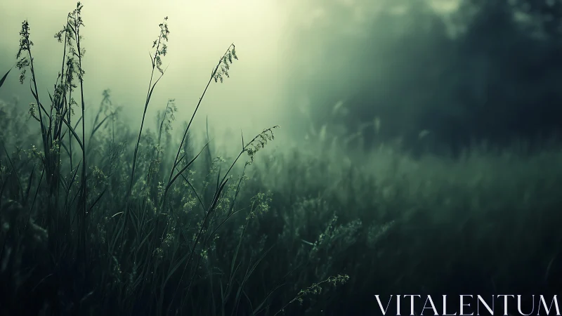 Misty morning meadow with tall grass in soft, dreamy light.