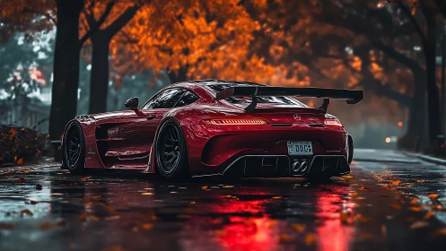 Red supercar on wet autumn street under fiery foliage.