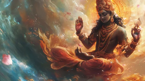 Divine figure in floating lotus pose amid swirling cosmos.
