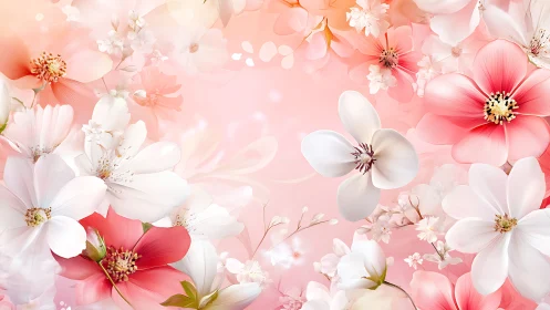 Soft pink floral background with white and coral blossoms.