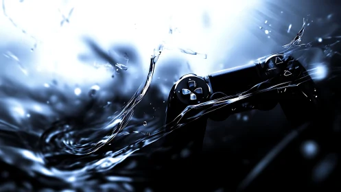 Liquid pixels surge as a game controller dives through light