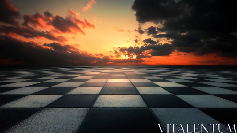 Endless checkerboard horizon glows beneath a dramatic sunset