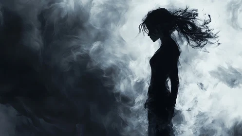 Silhouetted female figure in smoke filled monochrome scene.